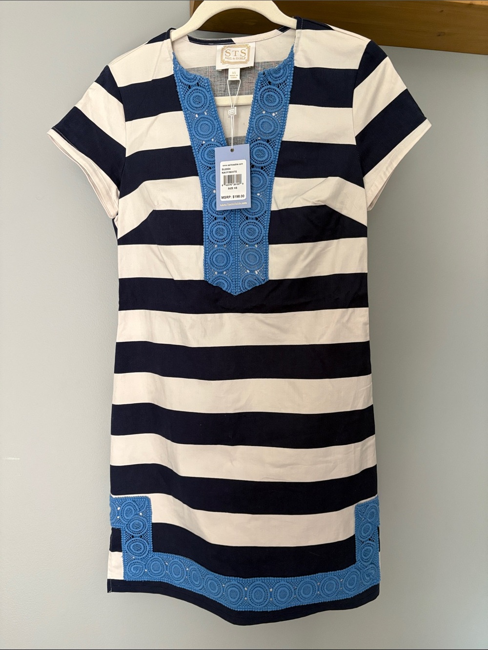 Sail to Sable Navy and White Striped Shift Dress with Blue Trim